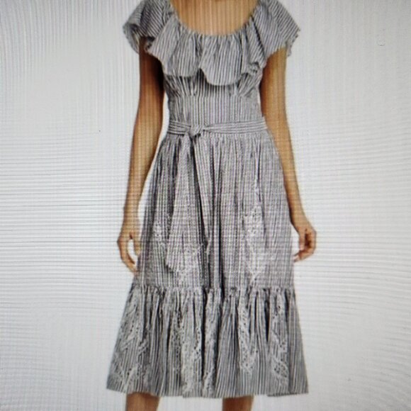 Tory Burch Eyelet Embroidered Seersucker Midi Shoulder Ruffle Dress 10 NWT - Picture 1 of 11